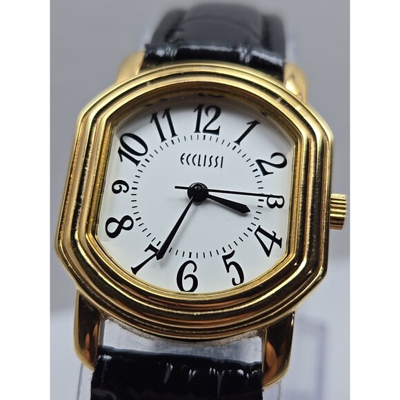 Ecclissi 80195 Womens Gold Tone Cushion Watch Black Leather New Battery Quartz - Picture 4 of 12
